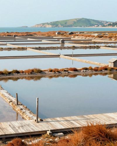 AI-generated illustration of Sečovlje Salina Nature Park, a grid of traditional coastal salt pans with wooden dikes and salt-harvest sheds by the Adriatic