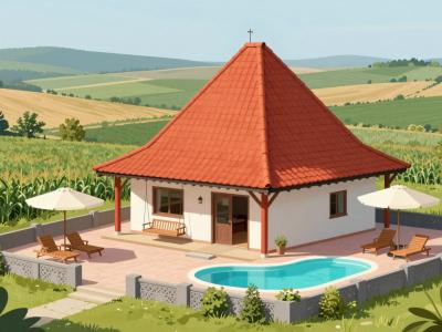 AI-generated illustration of Secret Wellness Bodonci, a boutique wellness retreat with a pyramid-roofed guesthouse, outdoor pool and terrace amid the rolling fields of Prekmurje