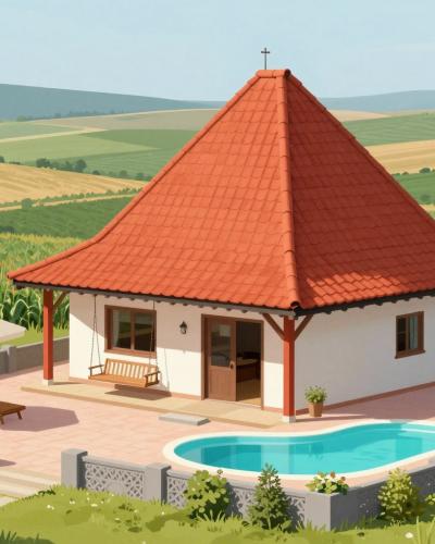 AI-generated illustration of Secret Wellness Bodonci, a boutique wellness retreat with a pyramid-roofed guesthouse, outdoor pool and terrace amid the rolling fields of Prekmurje