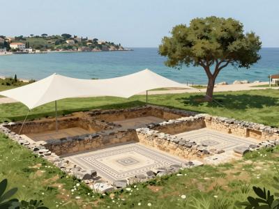 AI-generated illustration of Simonov zaliv Archaeological Park in Izola, with excavated Roman villa walls and mosaics under a white canopy beside the Adriatic bay