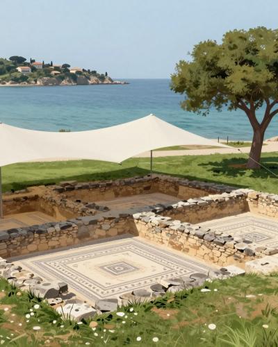 AI-generated illustration of Simonov zaliv Archaeological Park in Izola, with excavated Roman villa walls and mosaics under a white canopy beside the Adriatic bay