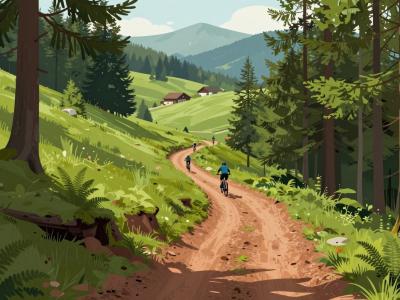 AI-generated illustration of Single Trail Park Jamnica, with mountain bikers on a flowing forest singletrack in the green hills of Koroska