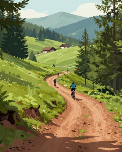 AI-generated illustration of Single Trail Park Jamnica, with mountain bikers on a flowing forest singletrack in the green hills of Koroska