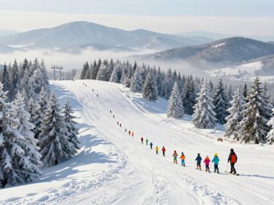 AI-generated illustration of ski schools in Stajerska, with a line of children following an instructor down a gentle forested beginner slope