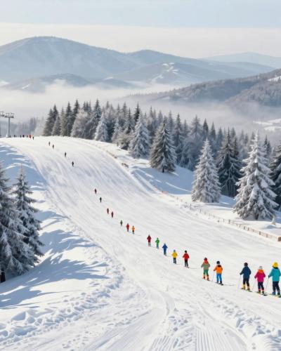 AI-generated illustration of ski schools in Stajerska, with a line of children following an instructor down a gentle forested beginner slope