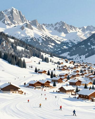 AI-generated illustration of the skiing and snowboarding areas of Kranjska Gora, with groomed pistes descending to a chalet village beneath the Julian Alps