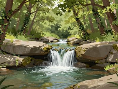 AI-generated illustration of the Skrline waterfalls near Secovlje, low cascades spilling over stepped sandstone ledges into green pools in a lush wooded valley