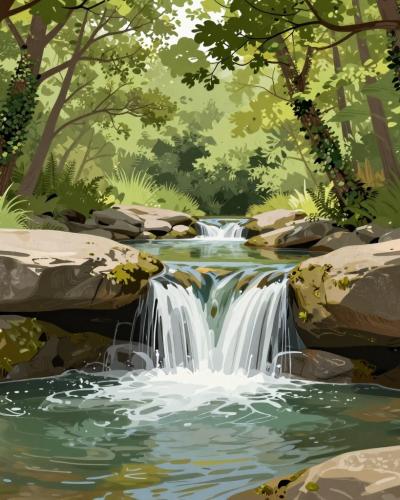 AI-generated illustration of the Skrline waterfalls near Secovlje, low cascades spilling over stepped sandstone ledges into green pools in a lush wooded valley
