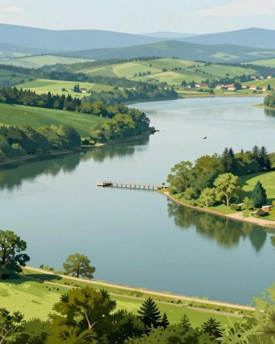 AI-generated illustration of Šmartno Lake, a tranquil reservoir with wooded bays and a footbridge near Celje