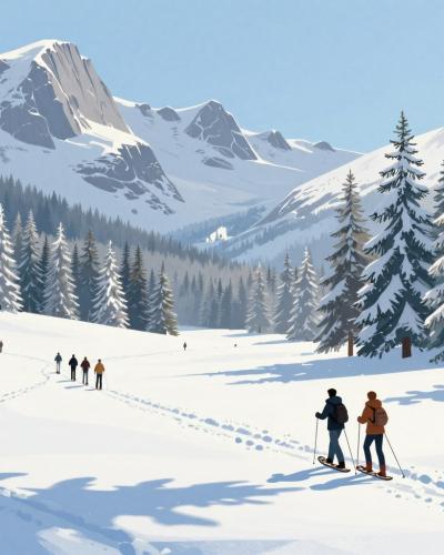 AI-generated illustration of snowshoeing on a snowy alpine meadow trail near Mojstrana in the Julian Alps