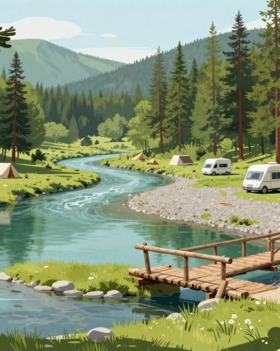 AI-generated illustration of Šobec Campsite among tall pines between an emerald river and a clear lake near Lesce
