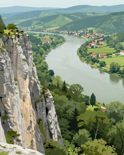 AI-generated illustration of Sodevska Stena Viewpoint, a karst cliff above the winding Kolpa valley near Črnomelj
