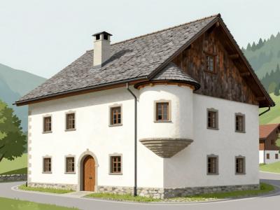 AI-generated illustration of Španova hiša, an 18th-century wealthy farmer's house with a corner turret in Lesce