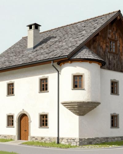 AI-generated illustration of Španova hiša, an 18th-century wealthy farmer's house with a corner turret in Lesce
