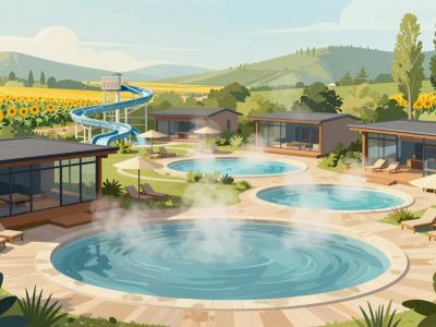 AI-generated illustration of Spa Resorts in Prekmurje with steaming outdoor thermal pools amid sunflower fields