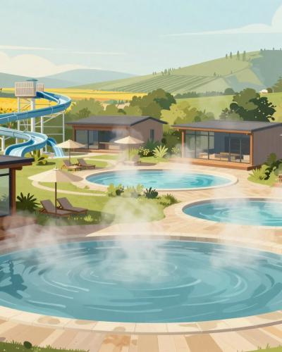 AI-generated illustration of Spa Resorts in Prekmurje with steaming outdoor thermal pools amid sunflower fields