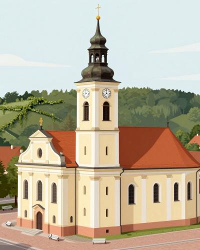 AI-generated illustration of St Catherine Parish Church in Lendava with its onion-domed baroque bell tower