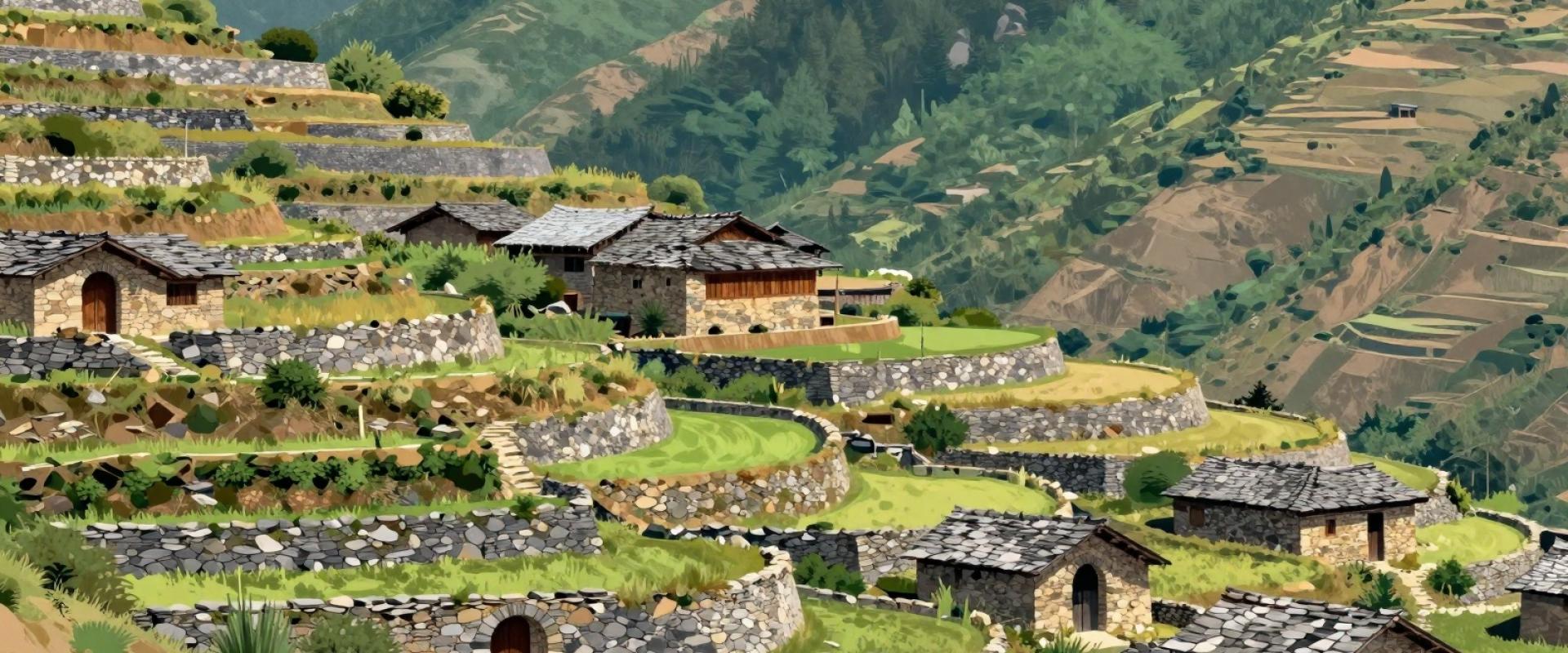 Terraced fields and semi-circular doors in historic Alpine architecture