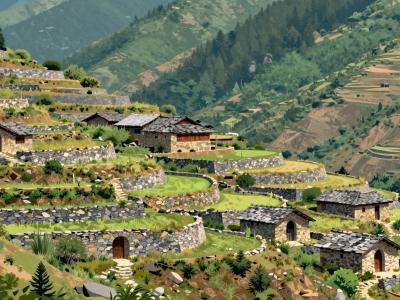 AI-generated illustration of Terraced fields and semi-circular doors in historic Alpine architecture