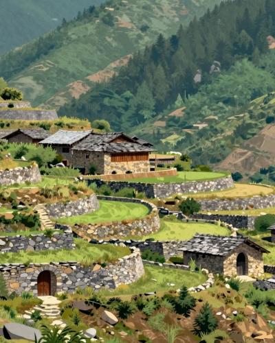 AI-generated illustration of Terraced fields and semi-circular doors in historic Alpine architecture