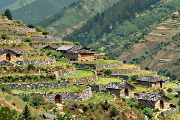 Terraced fields and semi-circular doors in historic Alpine architecture