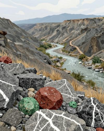AI-generated illustration of Unique rock formations (dolomite gravel stones with calcite veins, colorful round stones with mineral inclusions)