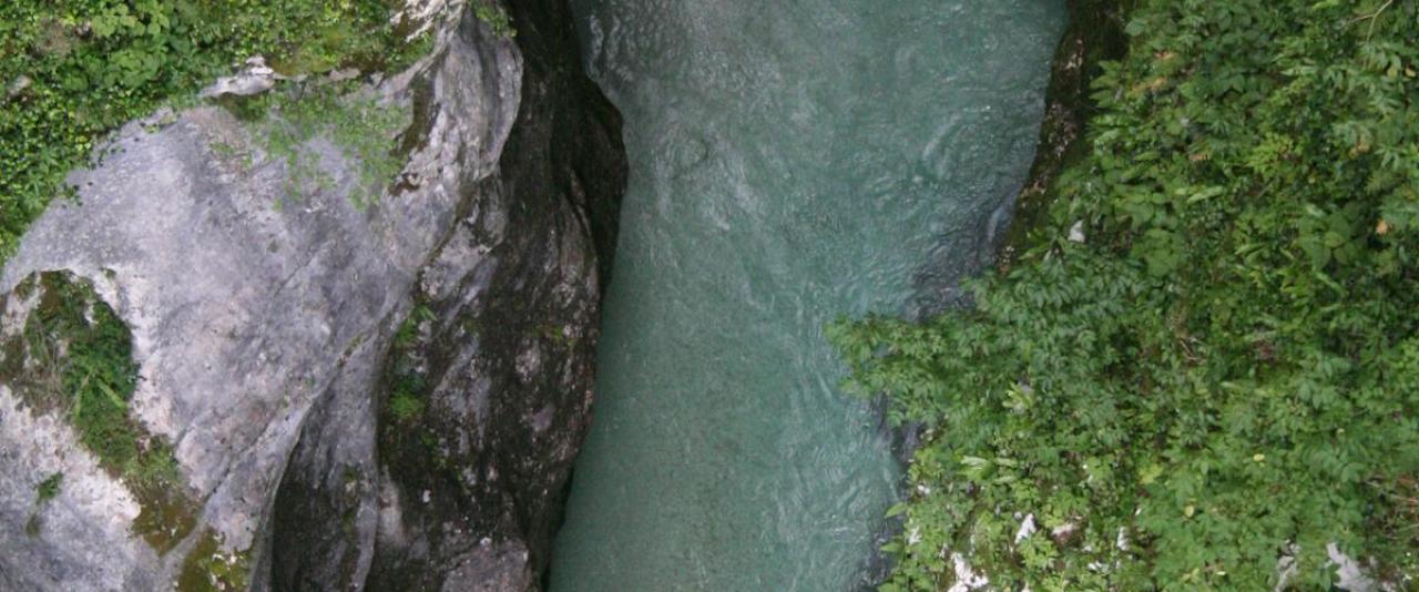 A stunning aerial shot of the Tolmin Gorge in Slovenia, showcasing nature's beauty.