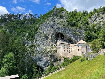 Scenic view of Predjama Castle nestled in Slovenia's rocky landscape surrounded by lush greenery.