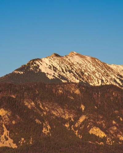 Stunning view of a sunlit mountain in Bled, Slovenia, under a clear blue sky.