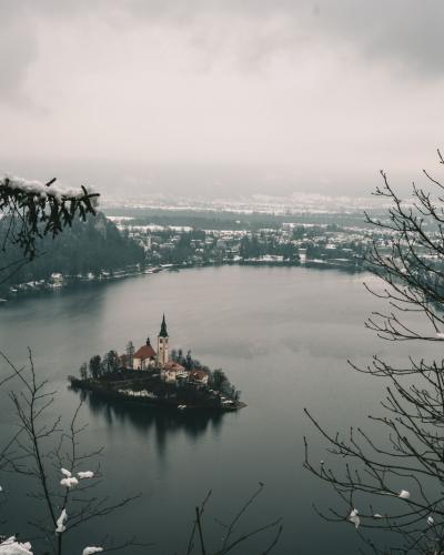 Captivating serene view of an island church on Lake Bled surrounded by snow-covered trees in winter.