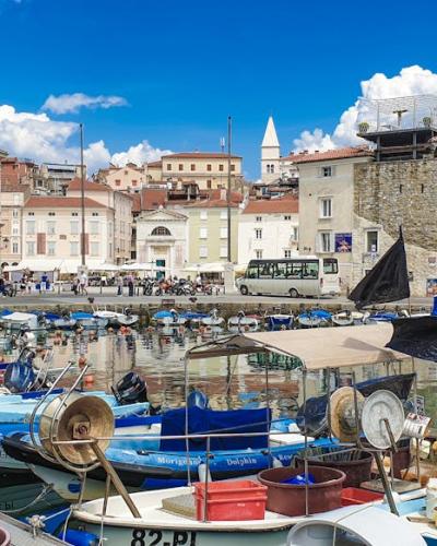 Vibrant harbor in Piran, Slovenia featuring boats and historic architecture under a clear blue sky.
