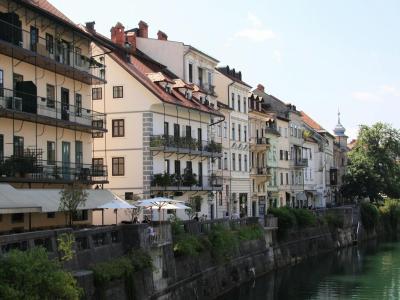 Picturesque riverside architecture along the Ljubljanica River in Ljubljana, Slovenia.