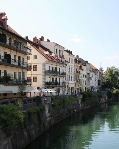 Picturesque riverside architecture along the Ljubljanica River in Ljubljana, Slovenia.