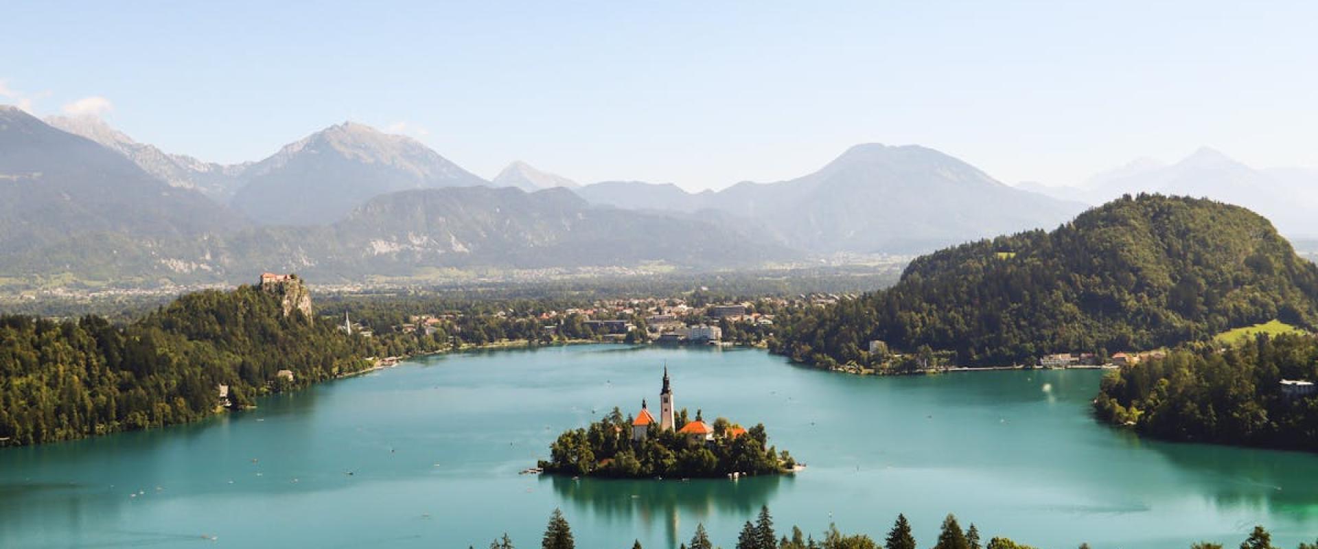 Scenic aerial view showcasing the beauty of Lake Bled and its iconic island in Slovenia. A natural paradise.
