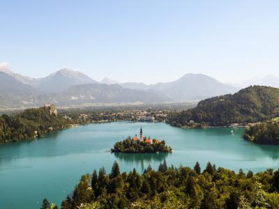 Scenic aerial view showcasing the beauty of Lake Bled and its iconic island in Slovenia. A natural paradise.