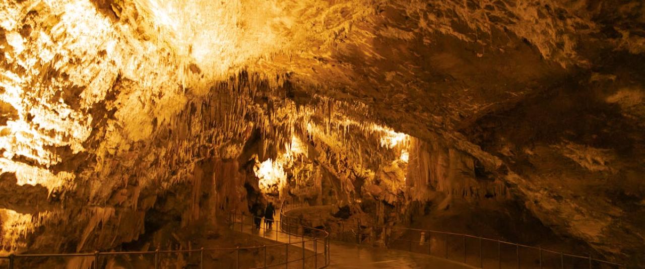 Free Explore the stunning formations of Postojna Cave in Slovenia, showcasing dramatic stalactites and lighting. Stock Photo