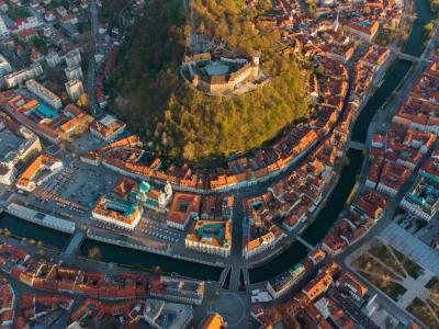 A breathtaking aerial view of Ljubljana showcasing its vibrant architecture and historic castle.