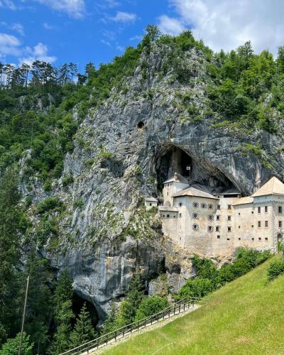 Scenic view of Predjama Castle nestled in Slovenia's rocky landscape surrounded by lush greenery.