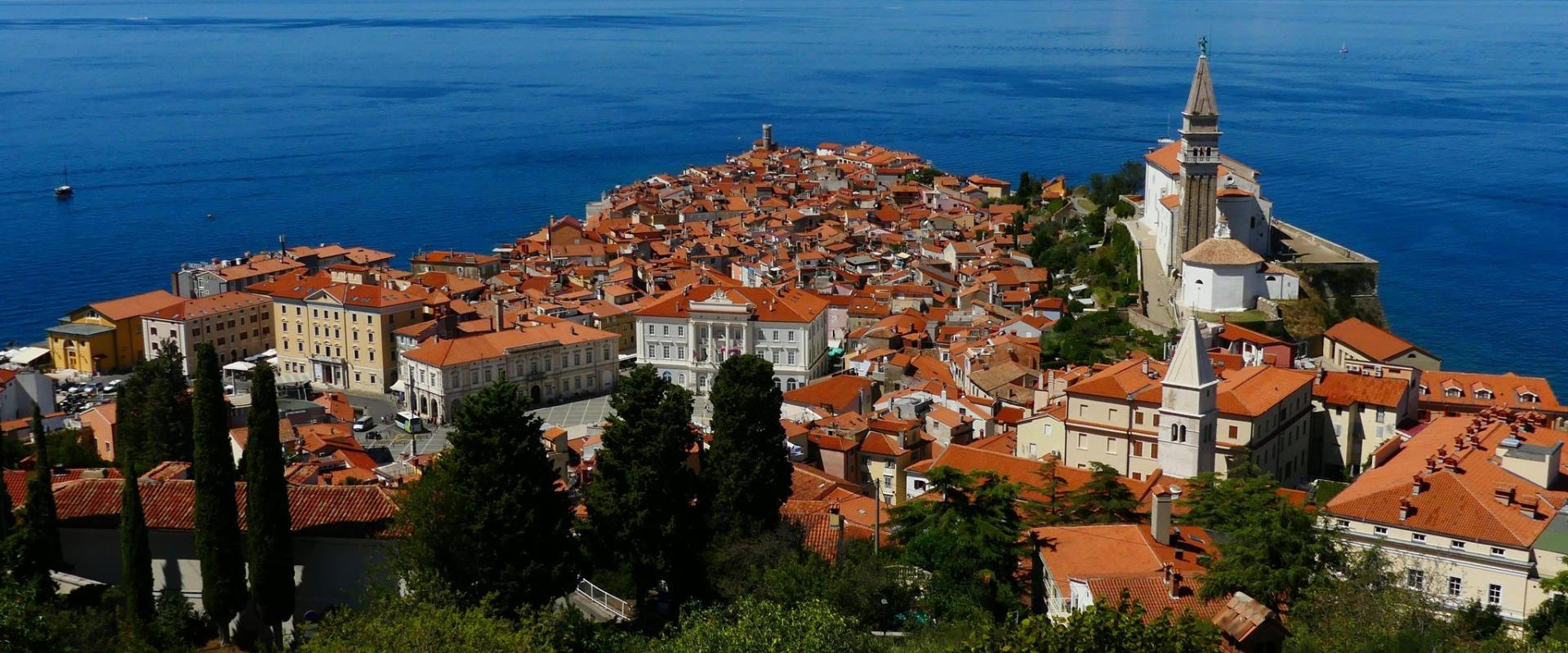Aerial view of Piran's historic town and coastline in Slovenia under a clear blue sky.
