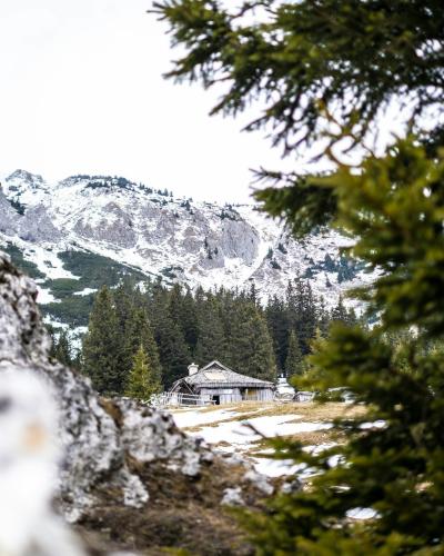 a view of a mountain with a house in the foreground