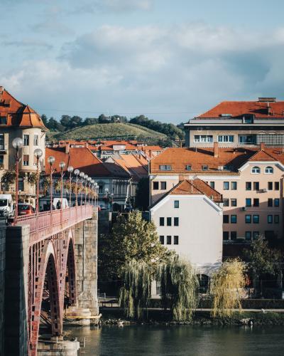 a bridge over a body of water with buildings in the background