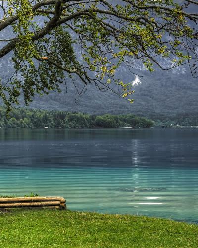 The clear turquoise water of Lake Bohinj on a summer day
