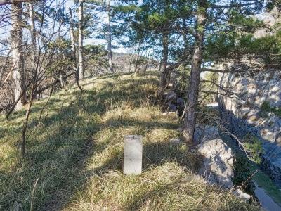 A concrete boundary stone stands in a grassy, wooded clearing next to a rocky embankment and a paved road, with pine trees surrounding the area.