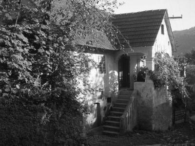 A black and white photograph of a traditional rural house with a tiled roof, external stone staircase leading to an arched entrance, and dense vegetation surrounding the structure.