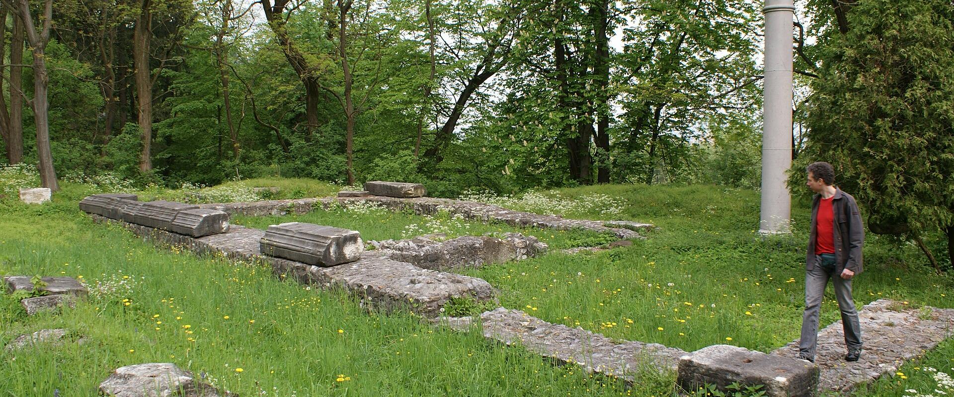 Excavated ancient stone foundations in a park in Celje