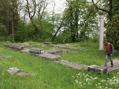 Excavated ancient stone foundations in a park in Celje