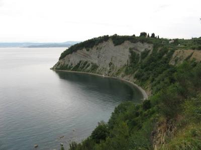 A coastal landscape featuring a crescent-shaped bay with steep, layered sedimentary cliffs and a pebble beach, topped with Mediterranean vegetation and a few buildings.