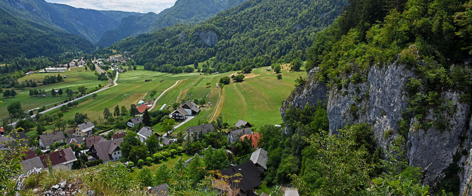 The green valley around Bohinjska Bela seen from a viewpoint