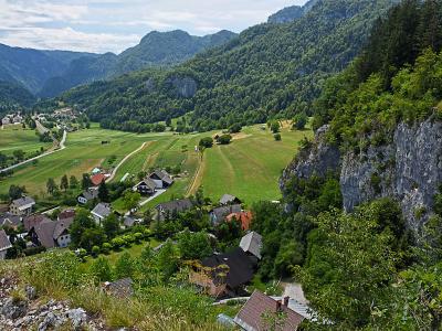 The green valley around Bohinjska Bela seen from a viewpoint