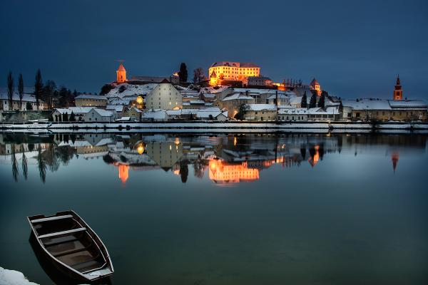Ptuj and its hilltop castle reflected in the Drava River in the early morning, Štajerska